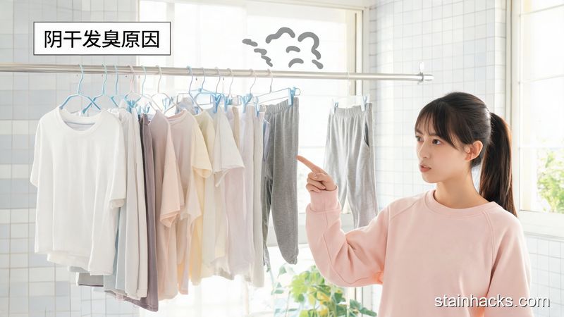 场景：家中阳台挂着一堆阴干的衣服，旁边配简易臭味标识，主体动作：普通居家女生指着阴干的衣服做讲解动作，风格：清新明亮、生活化，关键元素：文字标注「阴干发臭原因」，无复杂道具，简单易懂