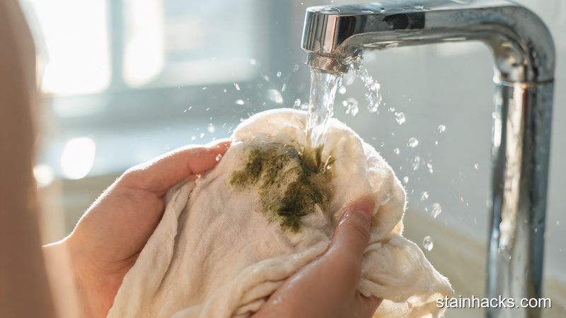 双手在水龙头下用冷水冲洗衣物上的新鲜中药污渍