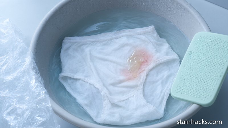 冷水浸泡白色棉质内裤并涂抹内衣洗衣液去除血渍