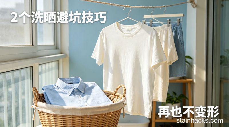 清新明亮生活化场景,阳台晾晒区,演示纯棉衣服正确晾晒方式:不挂领口改挂衣摆、平铺晾晒,画面标注「2个洗晒避坑技巧」「再也不变形」文字