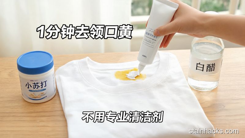 居家桌面场景，手指把白色牙膏挤在白T恤领口的黄渍处，旁边放着小苏打罐、白醋瓶，风格清新明亮生活化，画面上有「1分钟去领口黄」「不用专业清洁剂」的文字标注，突出快手操作