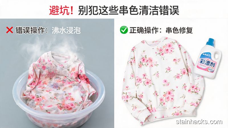 对比示意图，左侧是用沸水浸泡后串色更严重的衣物，右侧是用正确方法处理后恢复原本颜色的衣物，配文字标注'避坑！别犯这些串色清洁错误'，风格生活化，易懂好操作