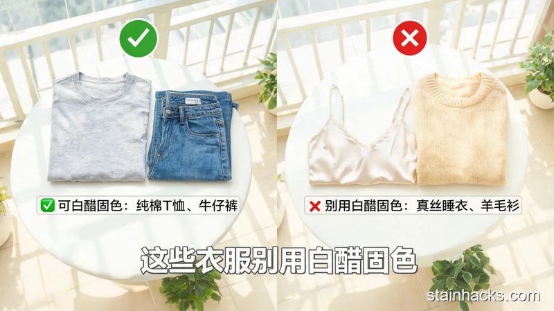 清新明亮生活化场景,左侧打勾图标旁放纯棉T恤、牛仔裤子,右侧打叉图标旁放真丝睡衣、羊毛衫,配文字标注「这些衣服别用白醋固色」,清晰易懂无复杂内容
