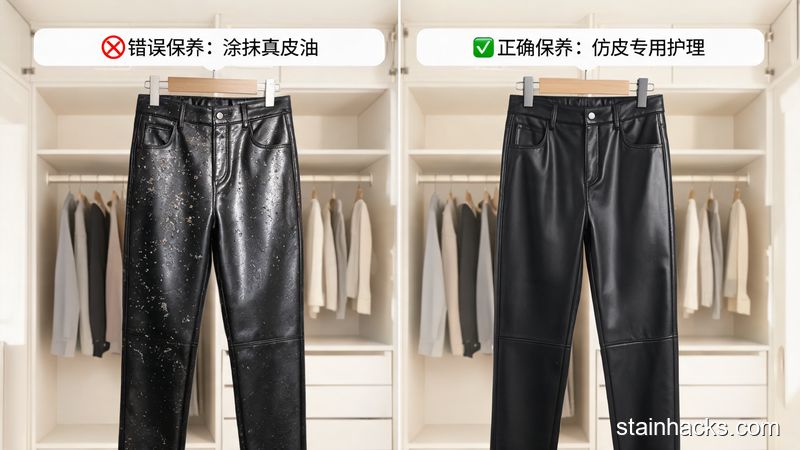 错误使用油性真皮保养品导致仿皮裤子表面黏腻反光与吸附灰尘的对比图