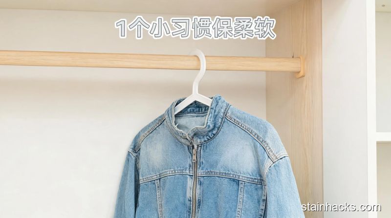 衣柜挂衣区场景，平整的牛仔外套挂在普通衣撑上，旁边没有堆叠的杂物，清新明亮生活化风格，画面加文字标注&ldquo;1个小习惯保柔软&rdquo;，突出好操作无需额外花费