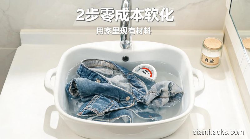 卫生间洗衣盆场景，手把完全翻面的牛仔外套放进加了白醋的温水中，旁边放着食盐小罐子，水温计显示42度（低于45度），清新明亮生活化风格，画面加文字标注&ldquo;2步零成本软化&rdquo;&ldquo;用家里现有材料&rdquo;，突出操作简单