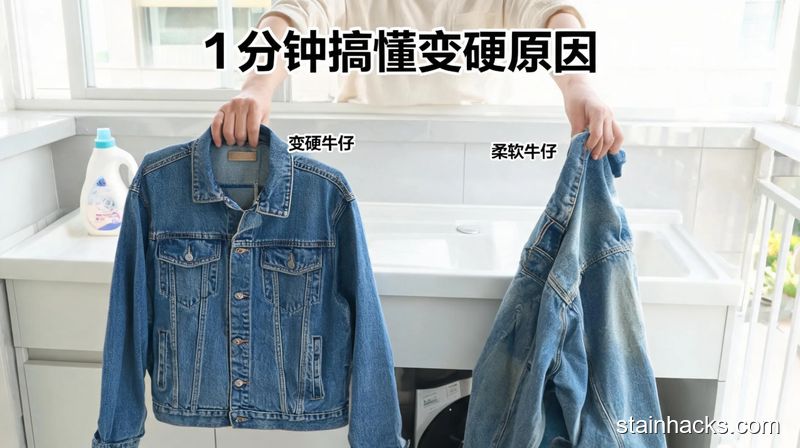 居家洗衣台场景，左手拿硬邦邦板正的牛仔外套，右手拿柔软垂坠的牛仔外套做对比，清新明亮生活化风格，画面加文字标注&ldquo;1分钟搞懂变硬原因&rdquo;，元素简单无复杂道具，突出轻松易理解