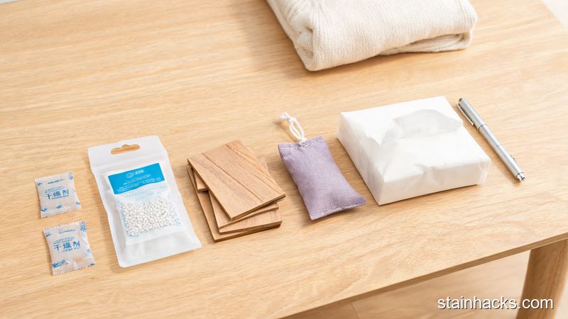 硅胶干燥剂樟脑包雪松木片与标签纸整齐摆放在收纳用品桌上的俯拍图