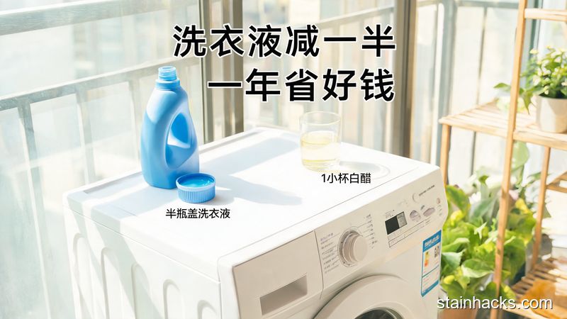 清新明亮生活化场景，洗衣机旁放着半瓶盖洗衣液和1小杯白醋，旁边标注\