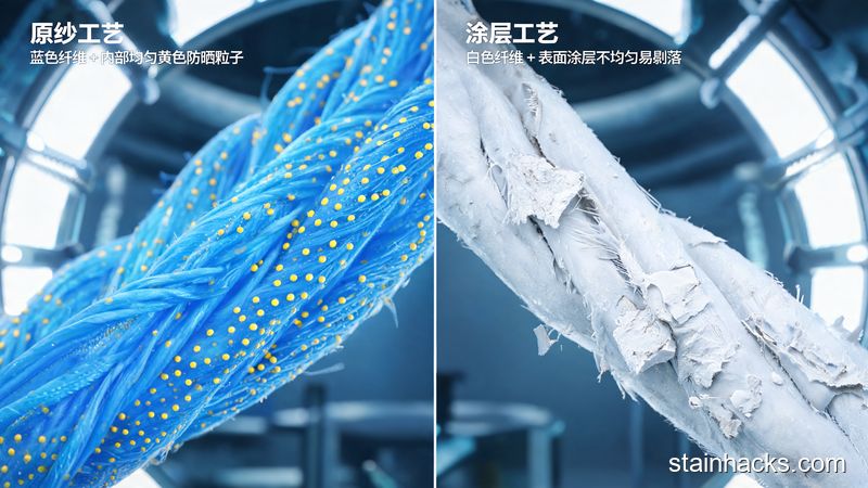 原纱防晒面料与涂层防晒面料工艺对比示意图,左边显示纤维内部融入防晒粉体,右边显示仅在表面附着涂层