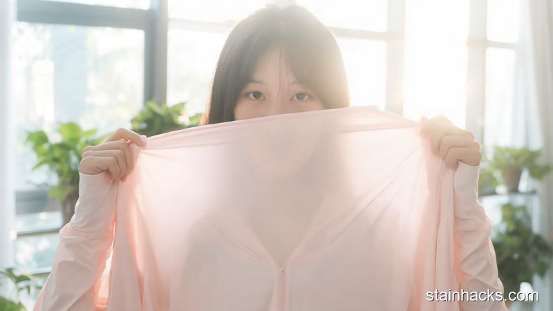 一位女士在明亮窗前举起防晒衣进行透光自测,光线透过布料呈现均匀柔和,无刺眼光点