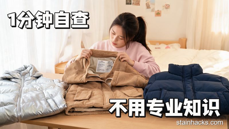 居家卧室桌面场景，摆放3件不同面料的羽绒服，女生拿起羽绒服翻到水洗标页面查看，清新明亮生活化风格，画面标注「1分钟自查」「不用专业知识」文字，突出简单快速零成本