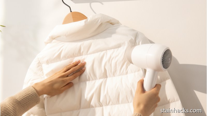 用吹风机冷风档吹干羽绒服并用手轻拍，让羽绒恢复蓬松