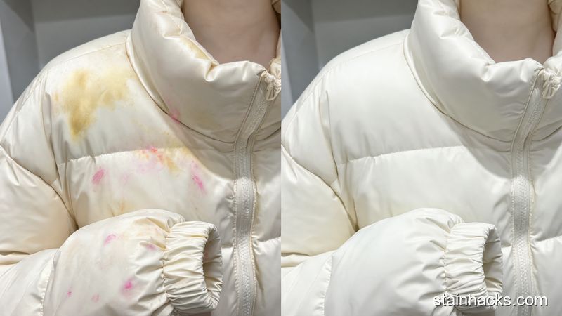 羽绒服领口与袖口去污前后对比特写,右侧污渍清洁后恢复洁净