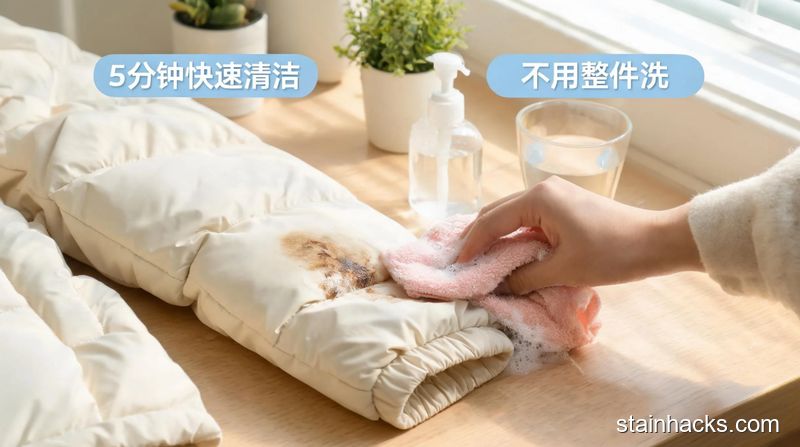 清新明亮生活化场景，居家桌面上女生用湿毛巾蘸洗洁精擦拭羽绒服袖口油污，旁边标注&ldquo;5分钟快速清洁&rdquo;&ldquo;不用整件洗&rdquo;文字，突出简单高效无需额外花钱