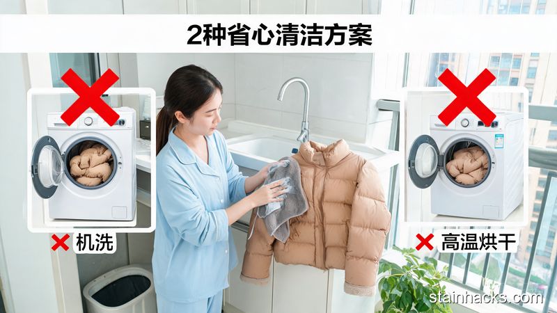 场景：居家洗衣台区域，主体动作：用湿毛巾轻擦羽绒服领口袖口污渍，风格：清新明亮生活化，关键元素：用红叉标注机洗、高温烘干两个错误行为，旁边配「2种省心清洁方案」文字，无复杂步骤