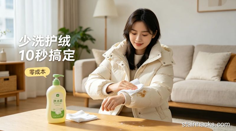居家客厅场景，女生用湿毛巾擦拭羽绒服袖口的小污渍，旁边摆着普通家用洗洁精，画面清新明亮生活化，标注文字\