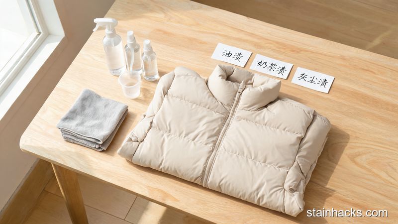 羽绒服免洗喷雾实测工作台,浅色羽绒服、三款清洁喷雾与超细纤维布摆放整齐