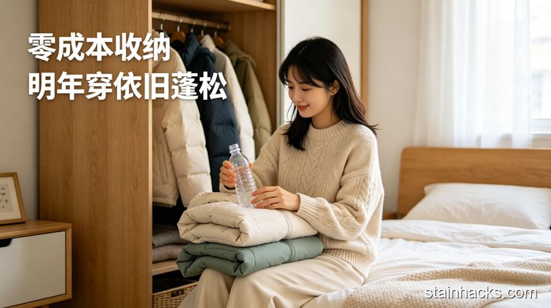 卧室衣柜旁场景，女生把空塑料瓶塞进叠好的羽绒服内侧准备收纳，画面清新明亮生活化，标注文字\