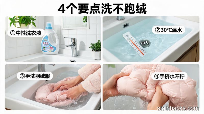 清新明亮家居洗手台场景，依次展示中性洗衣液、30℃温水、手洗羽绒服、手挤水不拧的4个动作，加文字标注「4个要点洗不跑绒」，突出简单好操作