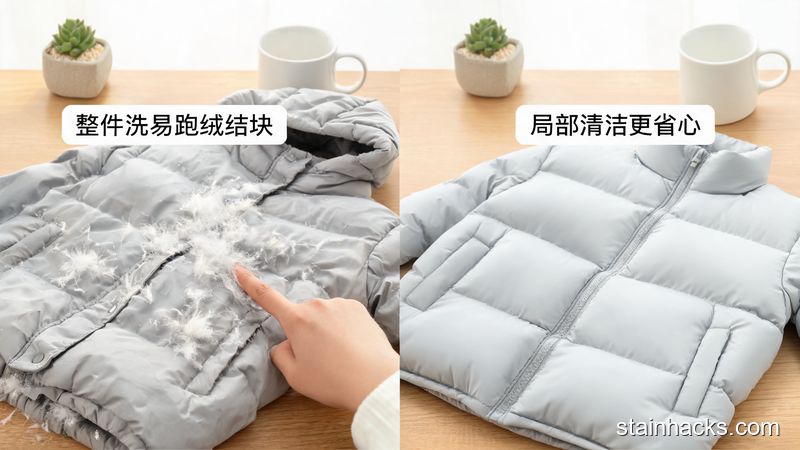 清新明亮生活化风格，场景为居家桌面，摆放着洗后结块跑绒的旧羽绒服和干净完好的新羽绒服做对比，手指指向结块跑绒的部位，标注文字「整件洗易跑绒结块」「局部清洁更省心」