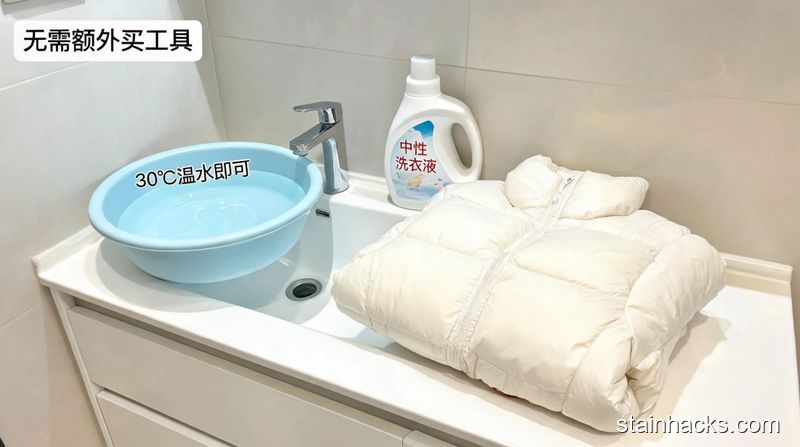 家用洗手台场景，普通人摆放30℃温水盆、家里常用的中性洗衣液、待洗的羽绒服，清新明亮生活化风格，配文字标注「无需额外买工具」「30℃温水即可」
