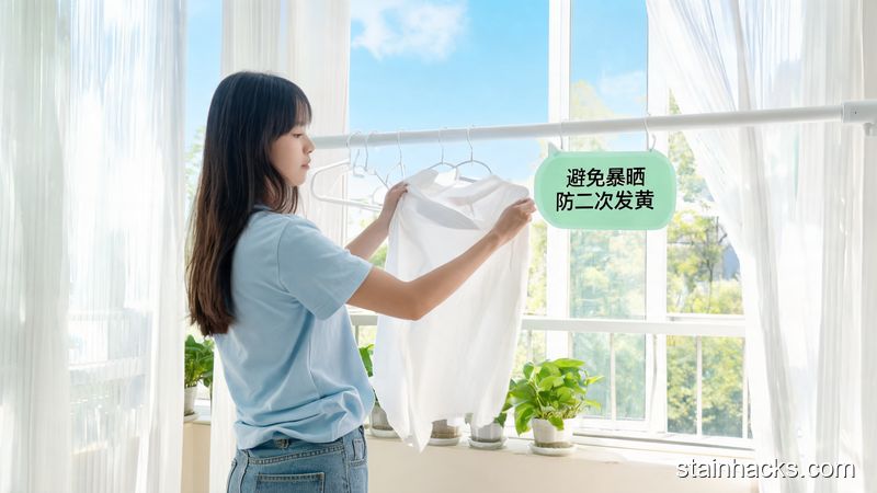 清新明亮生活化风格，阳台晾衣区场景，普通人正把洗干净的白衣服翻过来挂在衣架上，旁边配有小提示标识「避免暴晒 防二次发黄」
