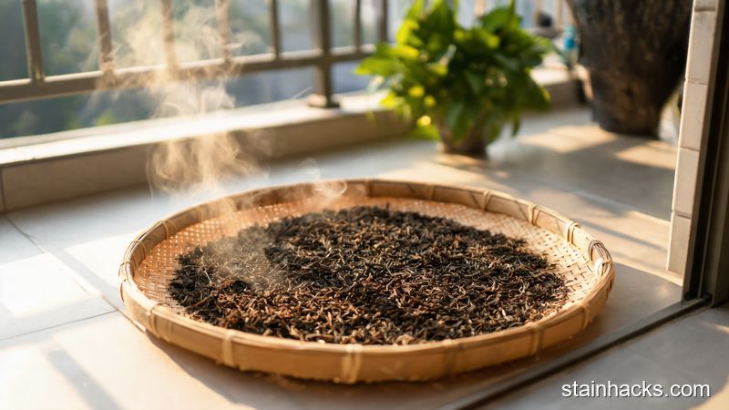 将泡过的茶叶渣均匀铺在竹编筛子里，在阳台阳光下暴晒干燥的过程场景