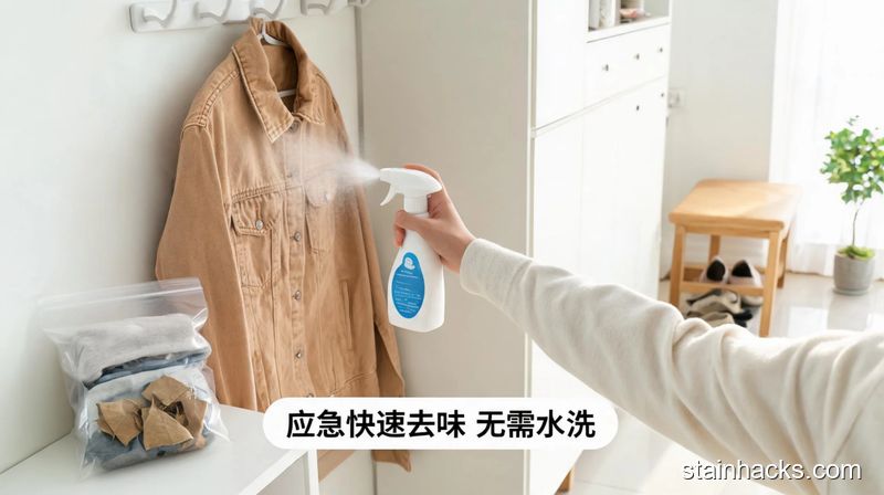清新明亮生活化玄关场景,一只手拿着衣物除味剂对着外套喷洒,旁边放着装有衣服和干茶叶包的密封袋,配文字标注「应急快速去味 无需水洗」,突出高效省事