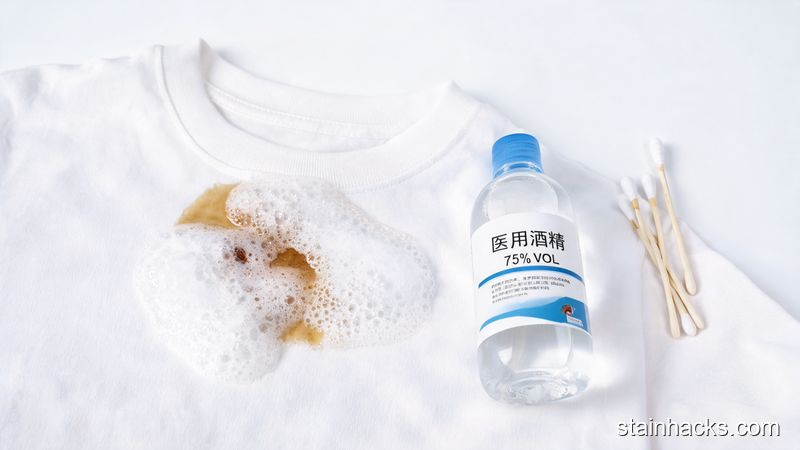 衣物上的中药渍被含酶洗涤剂泡沫覆盖,旁边有棉签和医用酒精瓶