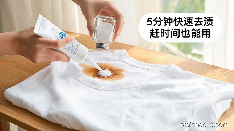清新明亮生活化场景，人往干的白T恤领口油渍处涂牙膏撒食盐，动作简单快速，旁边配文字&ldquo;5分钟快速去渍 赶时间也能用&rdquo;