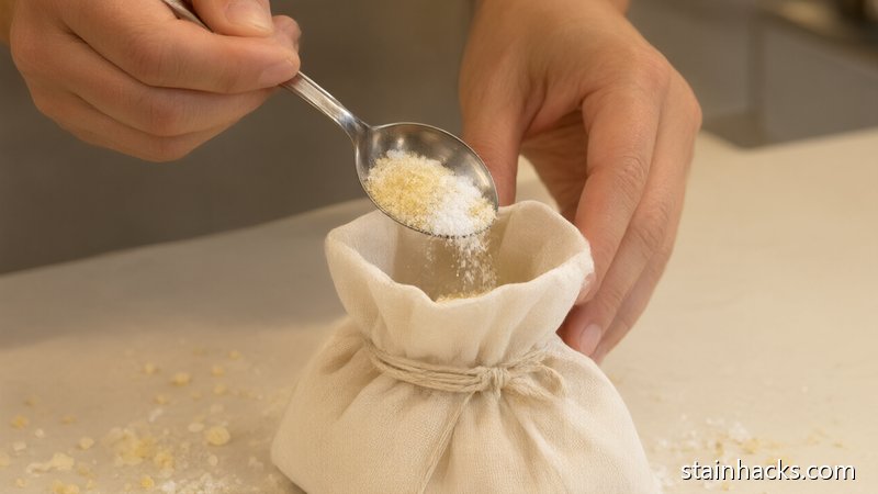 把炒干摊凉的粗盐和小苏打混合物用勺子装入无纺布袋并扎紧封口的手部特写