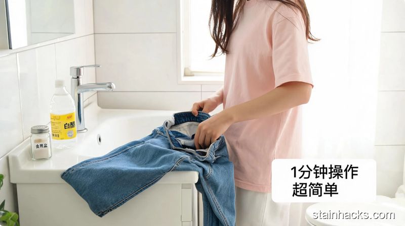 清新明亮生活化风格，家居卫生间场景，女生随手将蓝色牛仔裤翻转掏口袋，台面上摆放着家用食盐、普通白醋，角落标注文字&ldquo;1分钟操作 超简单&rdquo;，突出无需额外购买清洁用品