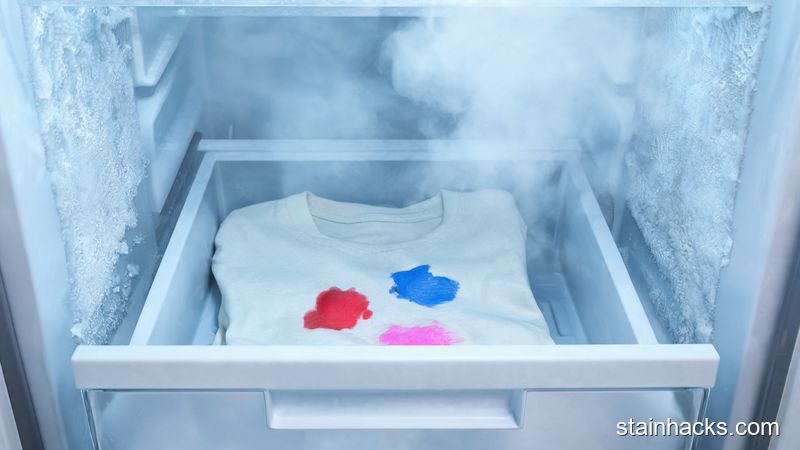 一件带有指甲油污渍的彩色衣物放入冰箱冷冻室,周围冒着冷气