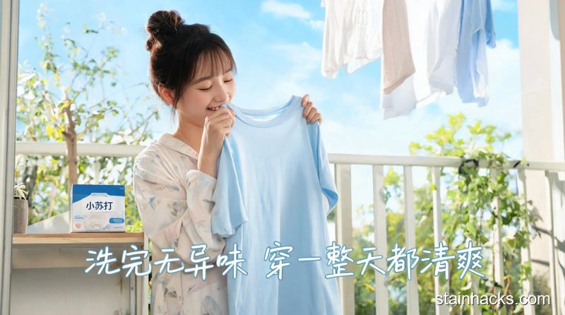 阳台晾晒场景,博主拿起洗干净的T恤凑近闻,脸上露出满意的笑容,旁边放着小苏打盒,配文字“洗完无异味 穿一整天都清爽”,清新明亮生活化风格,突出效果好、懒人友好的特点