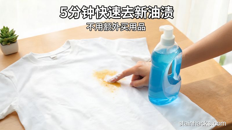 居家桌面场景，刚滴了饭菜油的白色T恤放在桌上，旁边放家用普通瓶装洗洁精，手正把洗洁精涂在油渍处，风格清新明亮生活化，配文字标注「5分钟快速去新油渍 不用额外买用品」