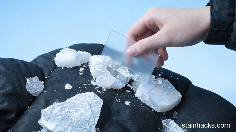 冷冻后从衣服上剥离脆硬蜡块的过程特写