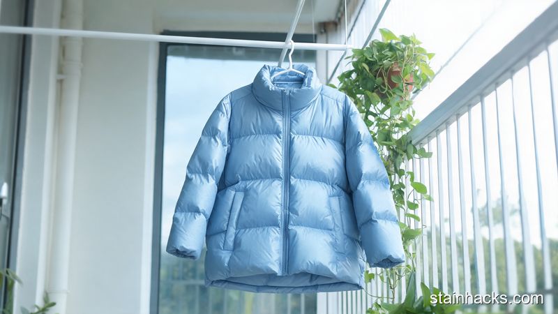 清洁后蓬松亮面羽绒服悬挂在阴凉通风处晾干