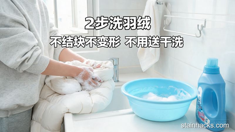 居家卫生间场景，普通人用普通洗衣液手洗羽绒服，旁边放着塑料盆，风格清新明亮生活化，配有文字标注「2步洗羽绒 不结块不变形 不用送干洗」，突出简单快速低成本