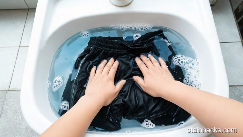 双手在冷水中轻柔按压黑色锦纶运动裤进行洗涤
