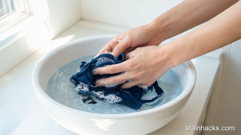 双手在冷水中轻柔搓洗深蓝色泳衣，带有少量中性洗衣液泡沫，水流清晰