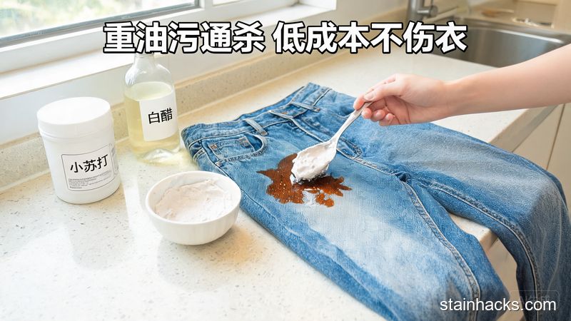 明亮通风的阳台场景，手上戴一次性手套用棉布轻轻擦拭工作服上的厚重机油渍，旁边放着装淡盐水的小盆，配文字标注「顽固油污10分钟搞定」，突出操作简单易执行