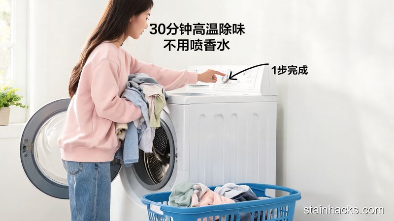 场景：家庭洗衣房内的烘干机旁，主体动作：女生把洗完的衣服直接放进烘干机，按下开关的动作，风格：清新明亮、生活化，关键元素：文字标注「30分钟高温除味」「不用喷香水」，突出1步完成操作简单