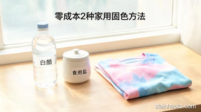 清新明亮生活化场景,桌面并排摆放家用白醋、食用盐,旁边放一件新衣服,配文字标注「零成本2种家用固色方法」,突出低成本方便操作