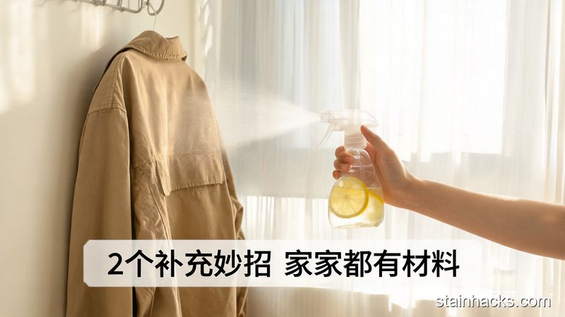 清新明亮生活化家居场景,左侧是挂在窗边通风的外套,右侧是手拿着装了柠檬水的小喷壶轻喷衣服表面,图片配文字「2个补充妙招 家家都有材料」,突出无需额外花钱