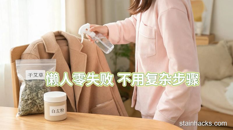 清新明亮生活化居家桌面场景,女生正拿着小喷壶给毛呢外套喷草本杀菌水,旁边摆着装干艾草的密封袋、白芷粉罐,图片配文字「懒人零失败 不用复杂步骤」,突出高效便捷