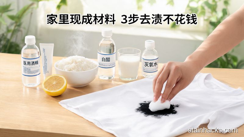 清新明亮居家桌面场景，桌面上摆着医用酒精、牙膏、柠檬、热米饭、白醋、牛奶、双氧水这些常见家居物品，旁边放着带墨水渍的短袖，手拿着棉球蘸酒精擦拭污渍，配文字「家里现成材料 3步去渍不花钱」，风格清新接地气，突出低成本