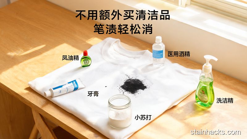 清新明亮生活化家居场景，桌面上铺着沾了黑色笔渍的白色T恤，旁边摆着风油精、牙膏、医用酒精、洗洁精、小苏打这些家中常见小物品，配文字标注「不用额外买清洁品 笔渍轻松消」，风格温暖接地气