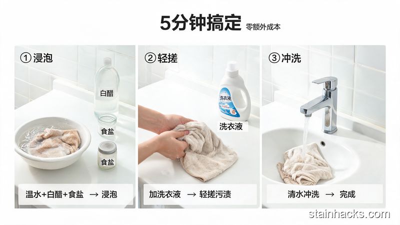 清新明亮生活化卫生间洗手台场景，台面上摆着温水盆、白醋、食盐、普通洗衣液这些家用物品，配有3步清洁分解动作（浸泡、轻搓、冲洗），带有&ldquo;5分钟搞定&rdquo;&ldquo;零额外成本&rdquo;文字标注，突出操作简单