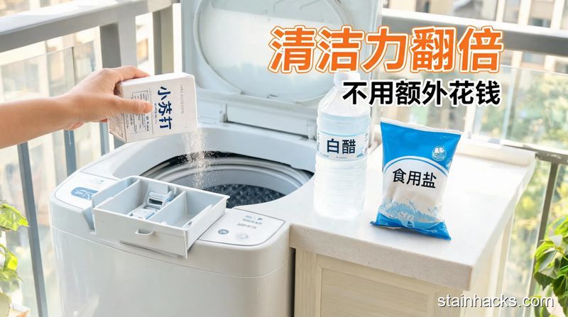 家用开盖洗衣机旁，摆着小苏打、白醋、食盐3样家常常见物品，手把小苏打倒进洗衣机料盒，清新明亮生活化，配文字标注&ldquo;清洁力翻倍&rdquo;&ldquo;不用额外花钱&rdquo;，突出简单易操作